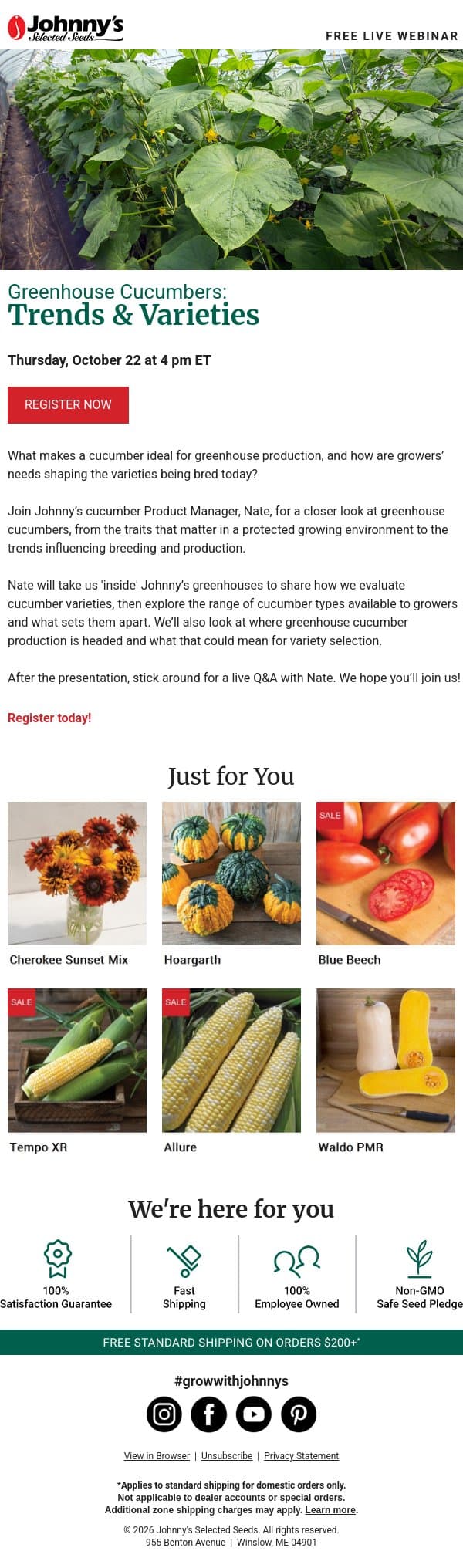 Free Webinar: What Makes a Cucumber Ideal for the Greenhouse? email from Johnny's Selected Seeds screenshot