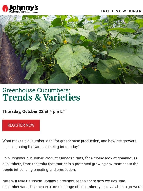 Free Webinar: What Makes a Cucumber Ideal for the Greenhouse? email from Johnny's Selected Seeds