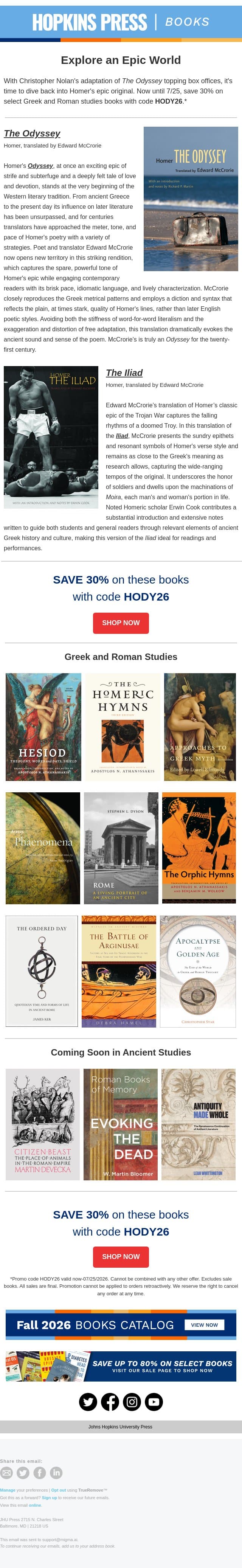 Explore an Epic World 🎭 email from Johns Hopkins University screenshot
