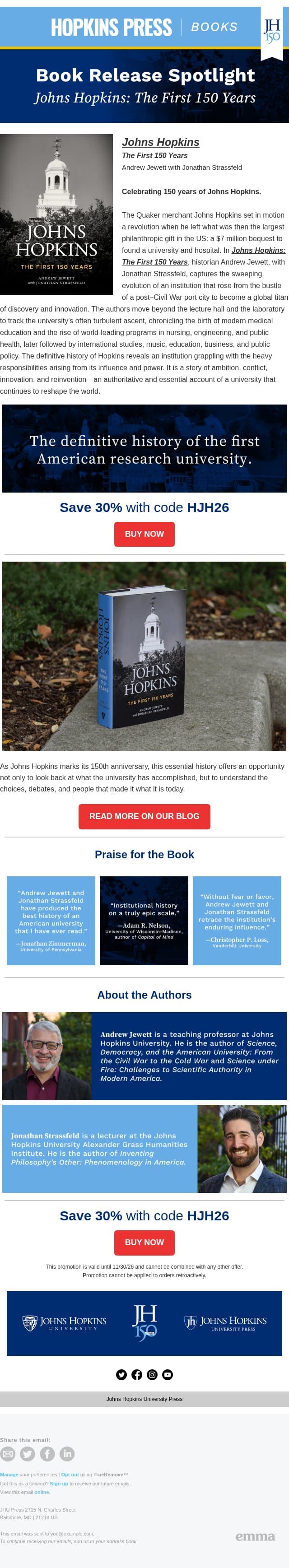 Celebrating 150 Years of Johns Hopkins 🏫 email from Johns Hopkins University screenshot