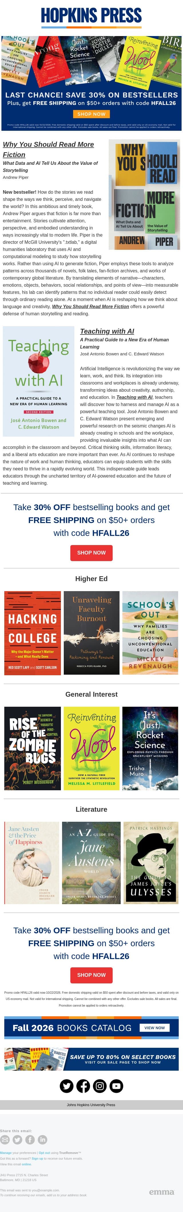 Last Chance to Save ๐ 30% Off Bestselling Books email from Johns Hopkins University screenshot