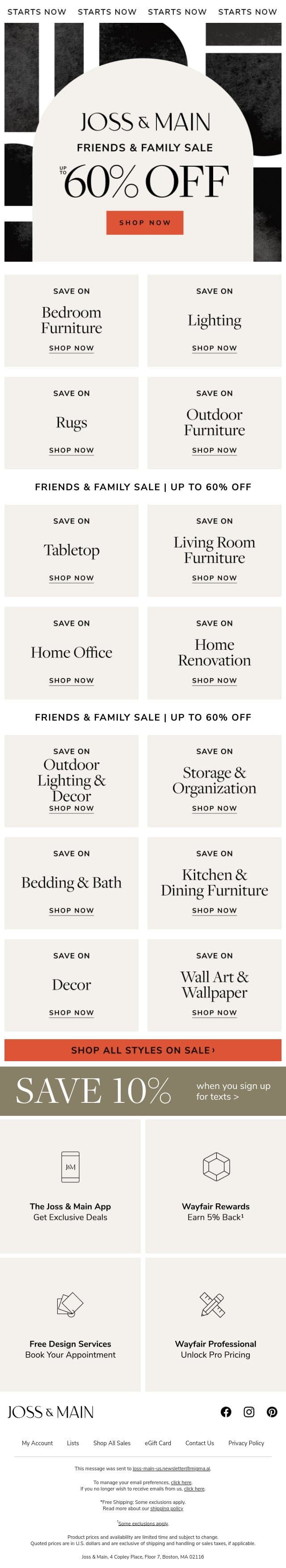 Bedroom furniture ⋒ Up to 60% OFF ⋒ You’re the first to know email from Joss & Main screenshot