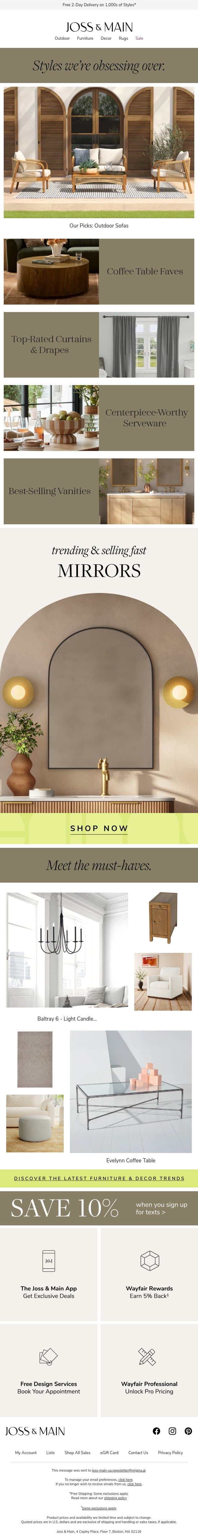 Our stylists' favorite outdoor sofas email from Joss & Main screenshot