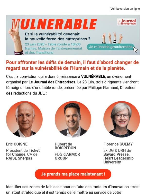 â°J-10 avant VULNERABLE, le nouvel Ă©vĂ©nement du Journal des Entreprises email from Journal des Entreprises