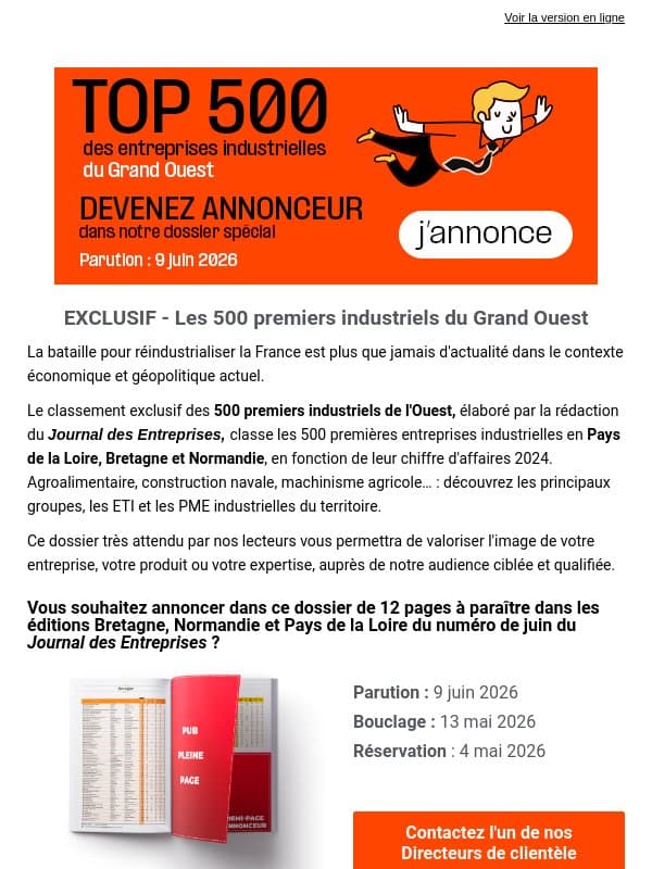 Annoncez dans le dossier spécial Industrie Grand Ouest email from Journal des Entreprises