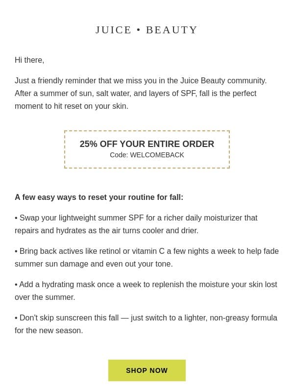 Reminder: 25% off your fall skin reset email from Juice Beauty