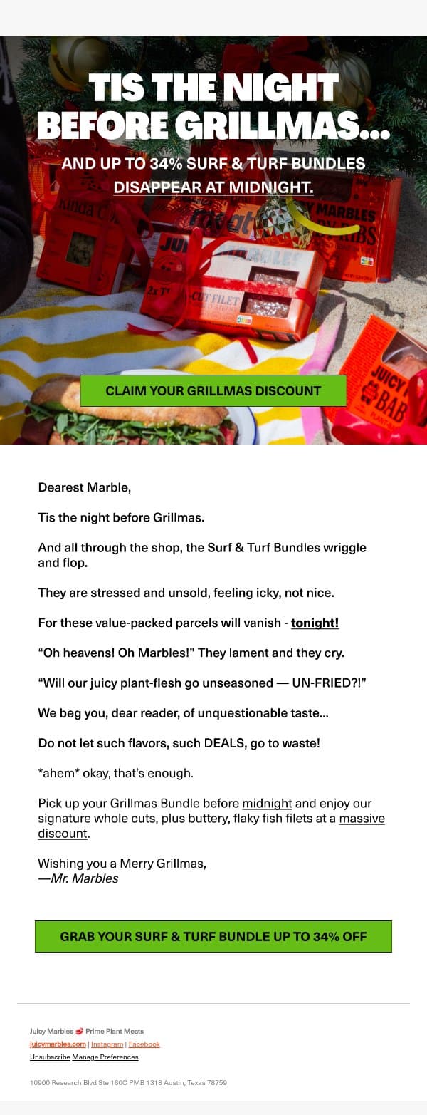 π 34% off SURF & TURF bundles *vanish* tonight email from Juicy Marbles screenshot