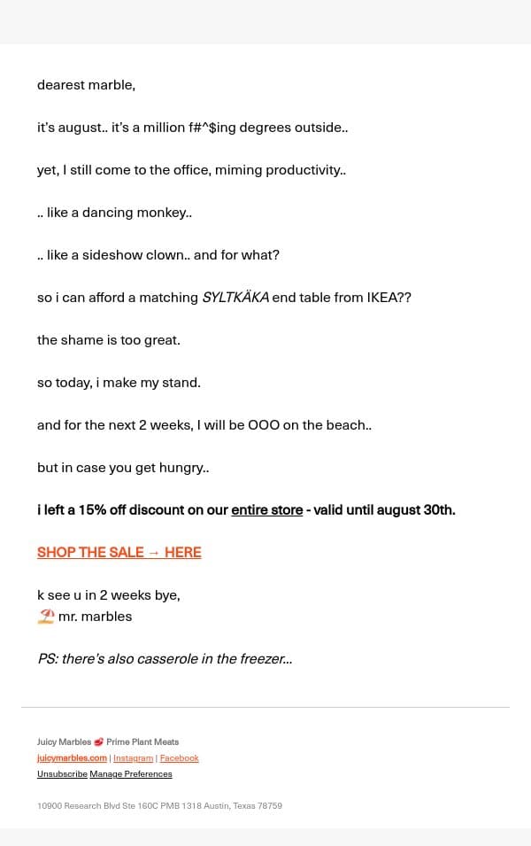 I can't do this anymore email from Juicy Marbles screenshot