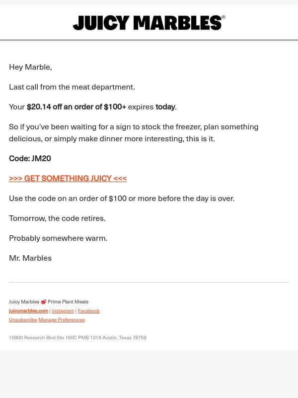 Use it or lose it email from Juicy Marbles screenshot