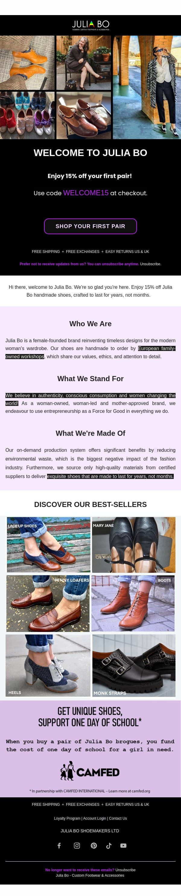 Welcome to Julia Bo đź’ś email from Julia Shoemakers screenshot