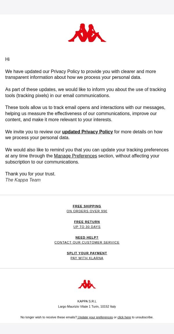 We've updated our Privacy Policy email from Kappa screenshot