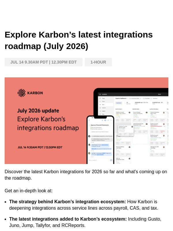 Invite: Karbon's integrations update email from Karbon