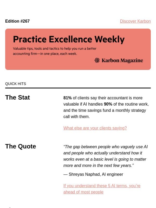 PEW 267: Timesheet alternative, 81% more valuable, and new client red flags email from Karbon