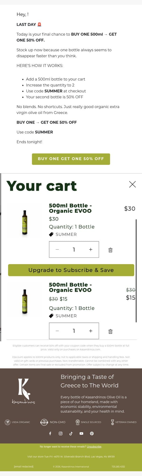 Last Day! BOGO 50% OFF email from Kasandrinos screenshot