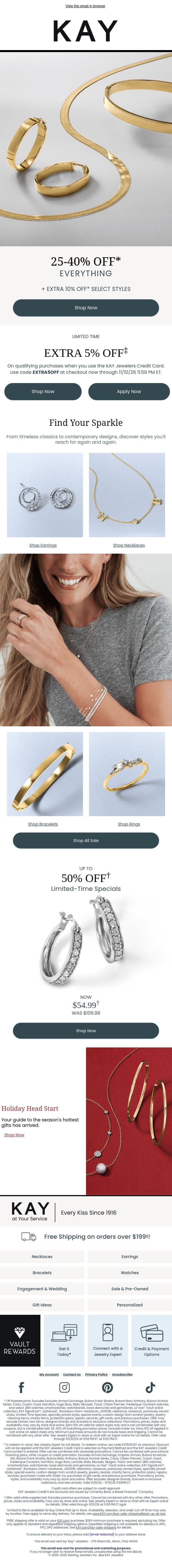 🤩 25-40% OFF* + EXTRA 10% OFF* Select Styles email from Kay Jewelers screenshot