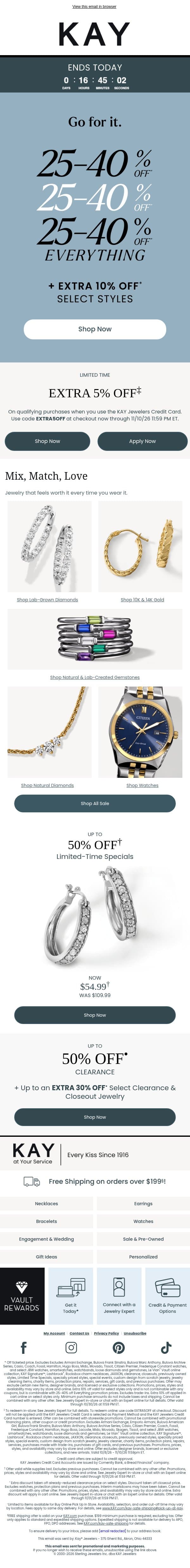 Save Big! 25-40% OFF* + EXTRA 10% OFF* Select Styles email from Kay Jewelers screenshot