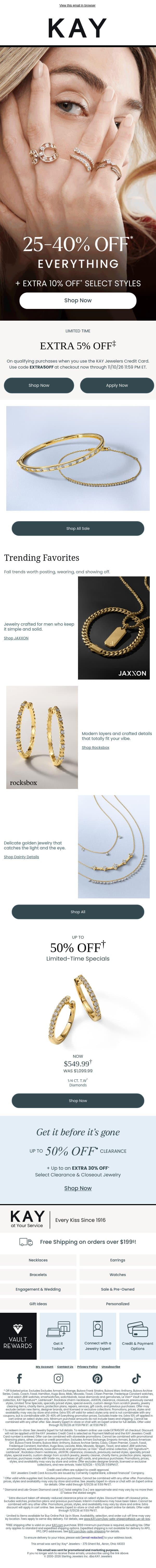 Get 25-40% OFF* + EXTRA 10% OFF* Select Styles email from Kay Jewelers screenshot