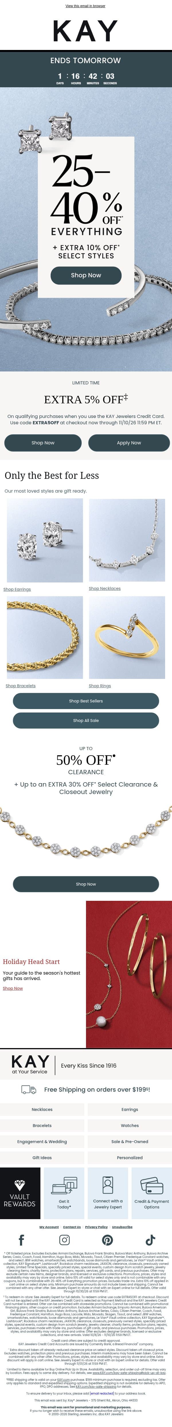 Enjoy 25-40% OFF* + EXTRA 10% OFF* Select Styles email from Kay Jewelers screenshot