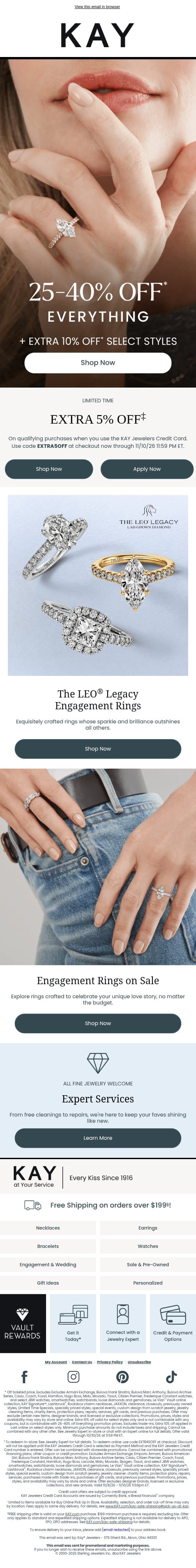 25-40% OFF* + EXTRA 10% OFF* Select Styles π email from Kay Jewelers screenshot