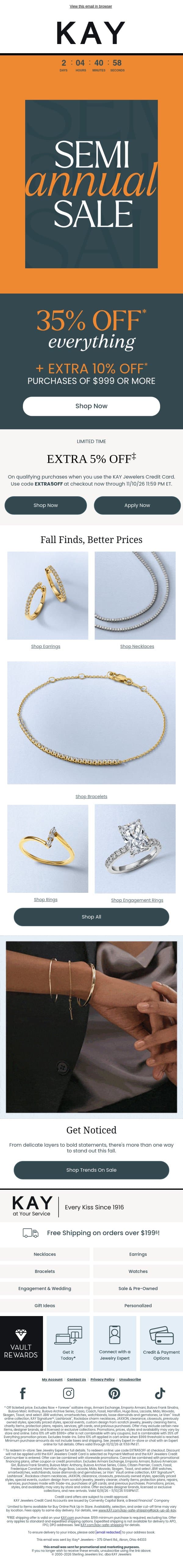 Semi-Annual Sale is on NOW | 35% OFF* Select Styles + EXTRA 10% OFF*$999+ email from Kay Jewelers screenshot