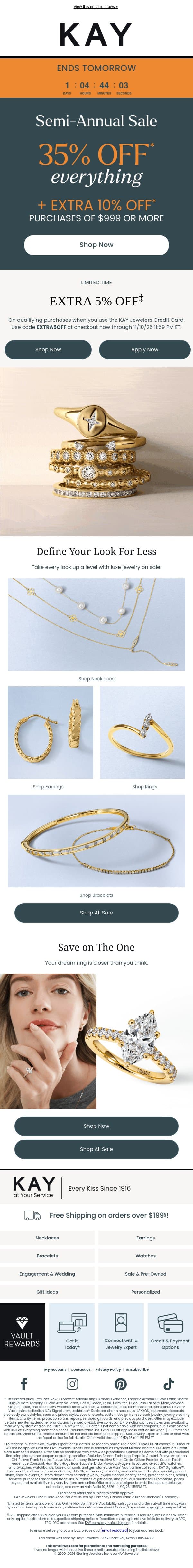 It’s our Semi-Annual SALE! 🛍️ 35% OFF* Select Styles + EXTRA 10% OFF* on $999+ email from Kay Jewelers screenshot