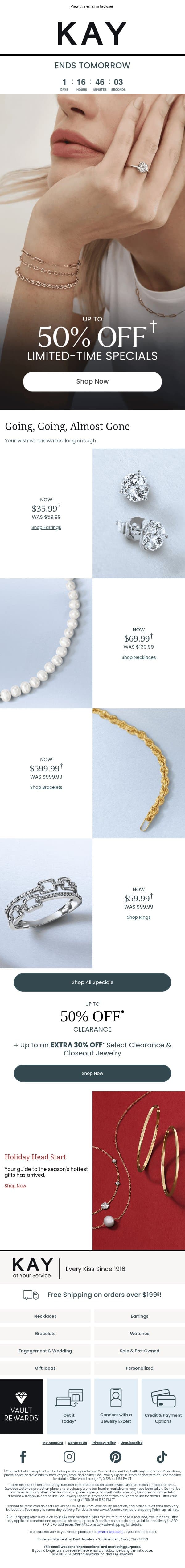 Up to 50% OFF† Select Specials Are Calling ✨ email from Kay Jewelers screenshot
