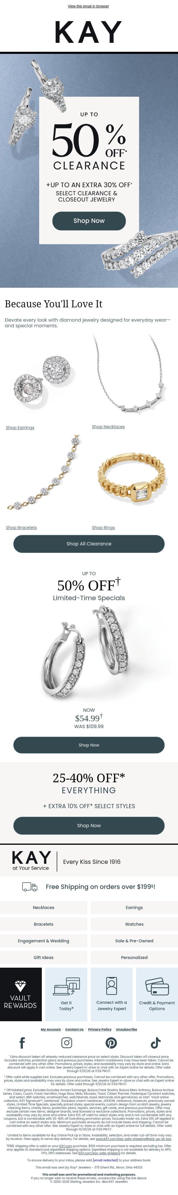 Up to 50% OFF• + Up to an EXTRA 30% OFF• Select Clearance email from Kay Jewelers screenshot