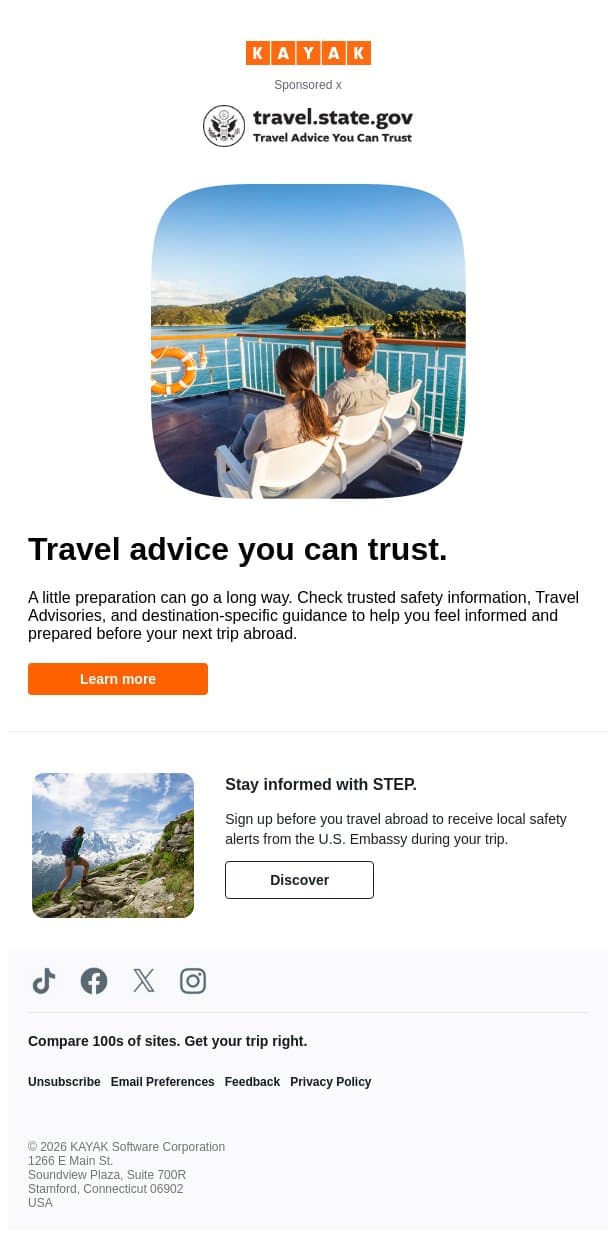 Going abroad? Check this before you go. email from Kayak screenshot