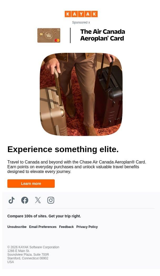 Unlock elite travel benefits. email from Kayak screenshot
