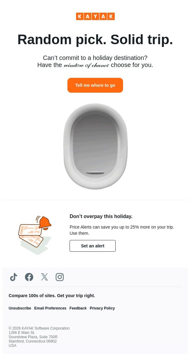 Let the β¨ ππΎππΉππ ππ» πΈπ½πΆππΈπ β¨ find your holiday escape. email from Kayak screenshot