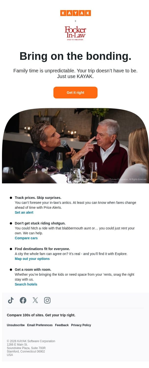 Meeting the in-laws? Let us handle the trip. email from Kayak screenshot