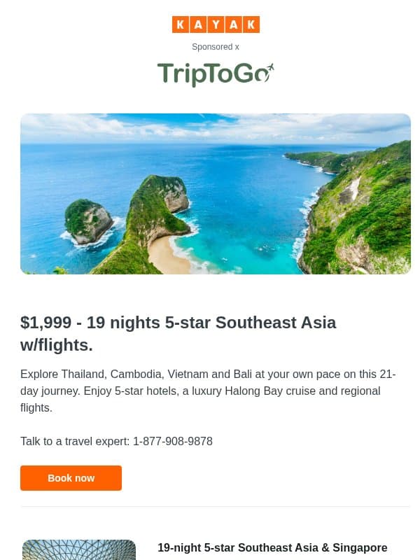 $1,999 - 19 nights 5-star Southeast Asia w/flights. email from Kayak