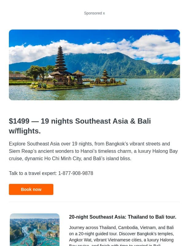 $1499 β 19 Nights Southeast Asia & Bali w/flights. email from Kayak