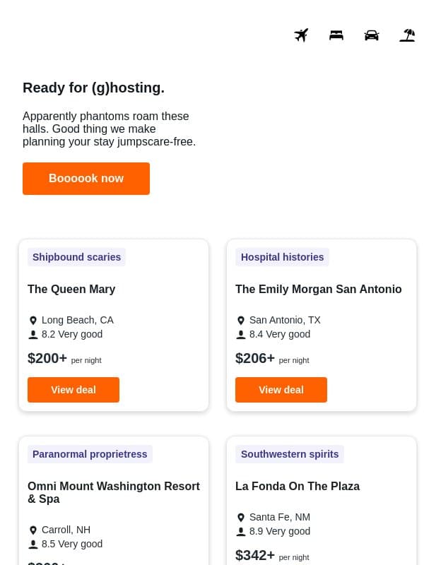Hotel deals that’ll haunt you. 👻 email from Kayak