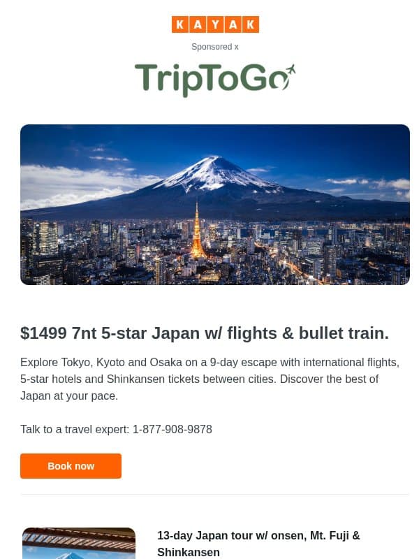 $1499 7nt 5-star Japan w/ flights & bullet train. email from Kayak
