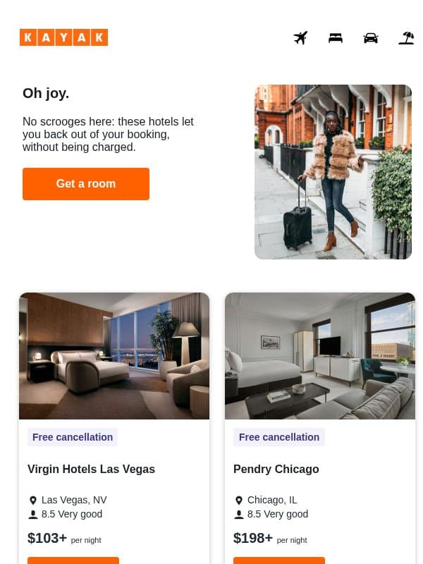 Holiday stays with free cancellation. 🎄 email from Kayak