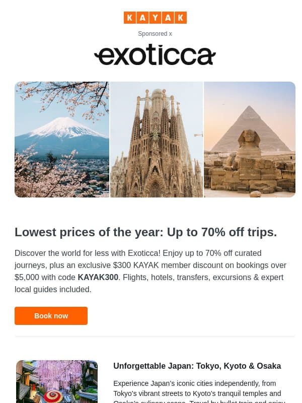 Early Black Friday: save up to 70% on Exoticca. email from Kayak