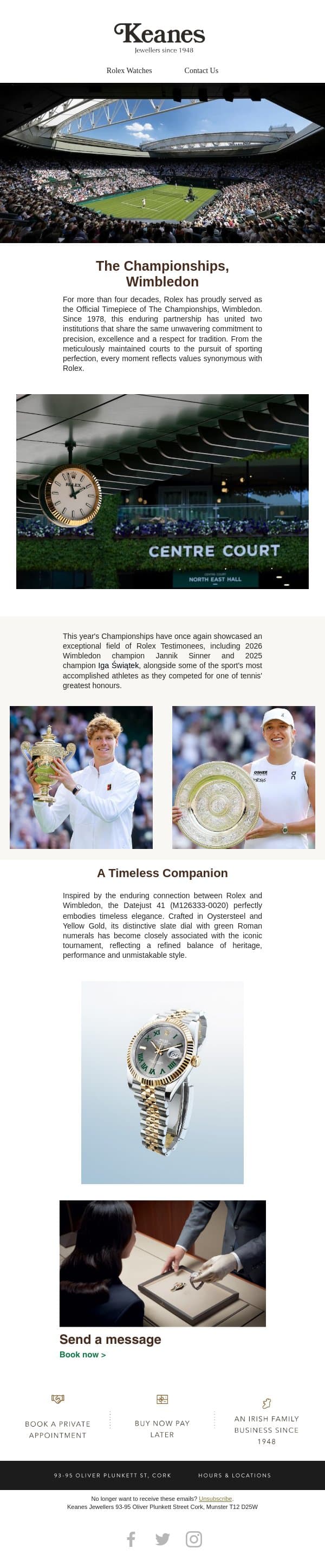 Rolex: The Championships, Wimbledon email from Keanes Jewellers screenshot