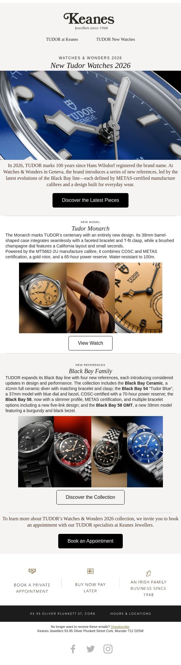 Tudor New Watches 2026 email from Keanes Jewellers screenshot