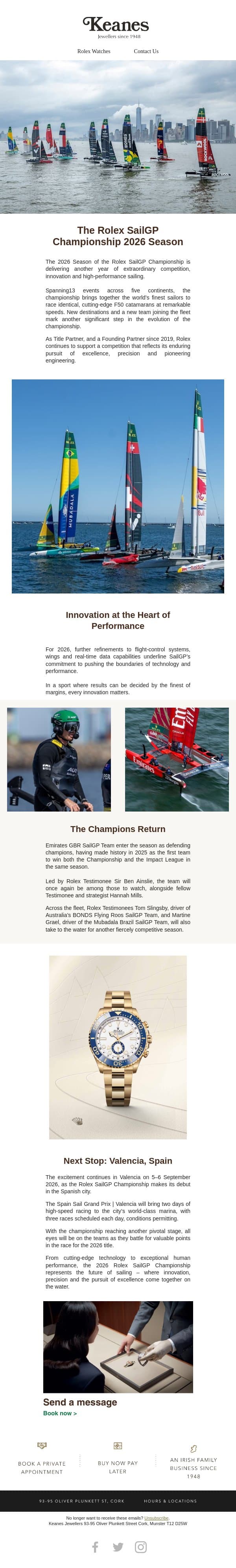 Rolex: SailGP Championship 2026 email from Keanes Jewellers screenshot