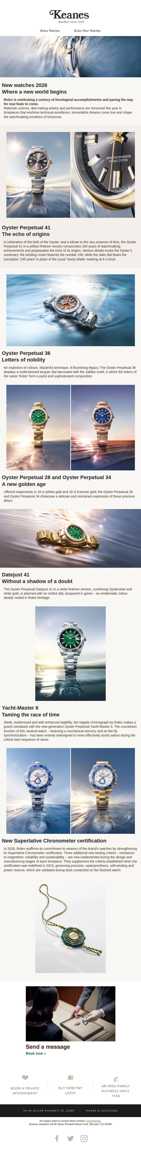 Rolex New Watches 2026 email from Keanes Jewellers screenshot