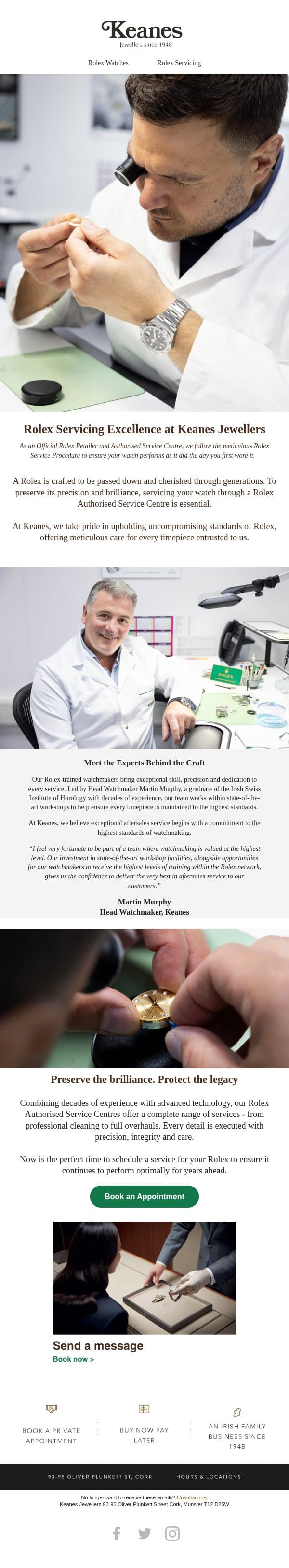 Rolex Servicing Excellence at Keanes Jewellers email from Keanes Jewellers screenshot