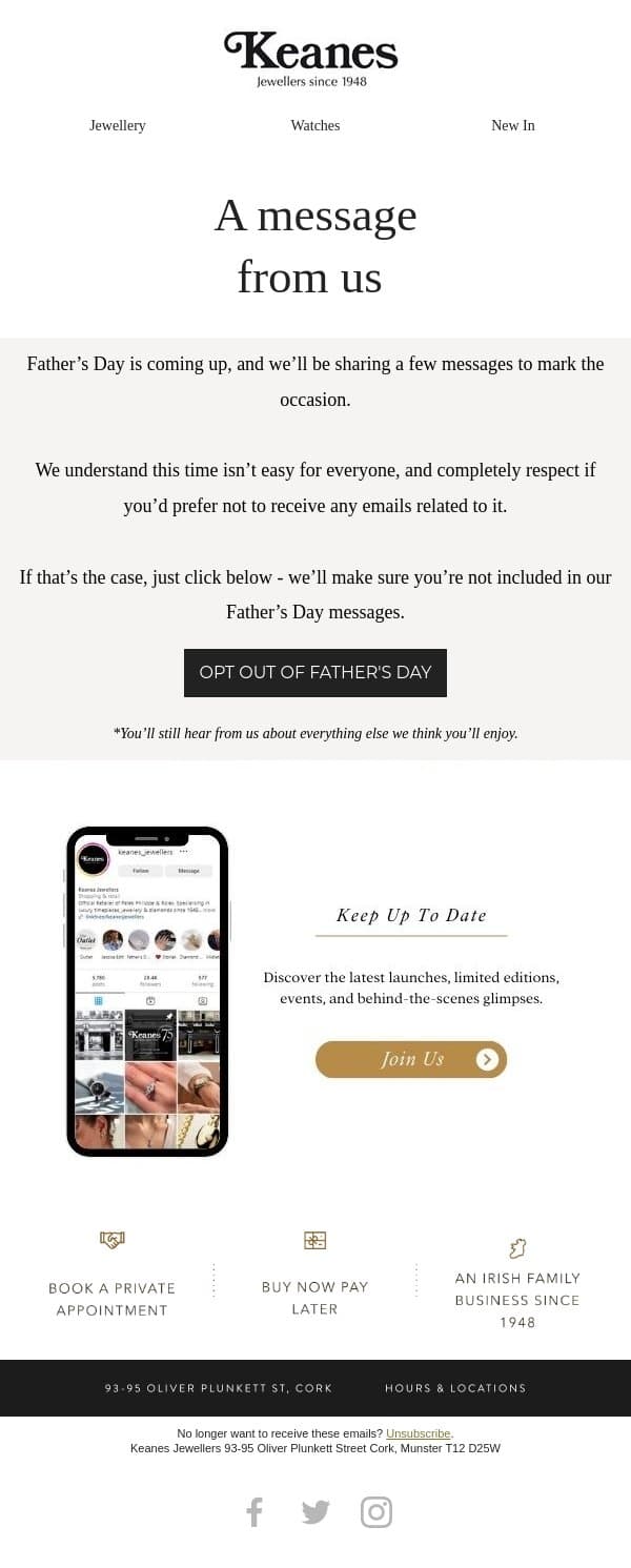A note about Father's Day π email from Keanes Jewellers screenshot
