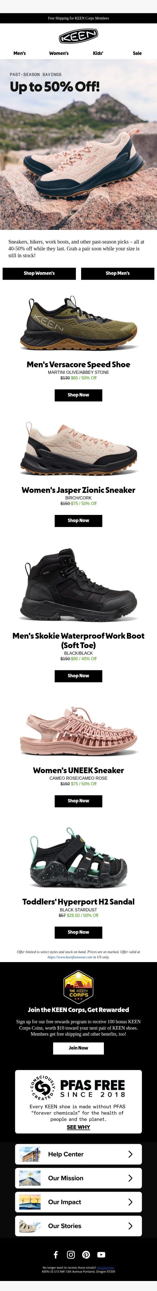 Up to 50% Off, While They Last! email from Keen Footwear screenshot