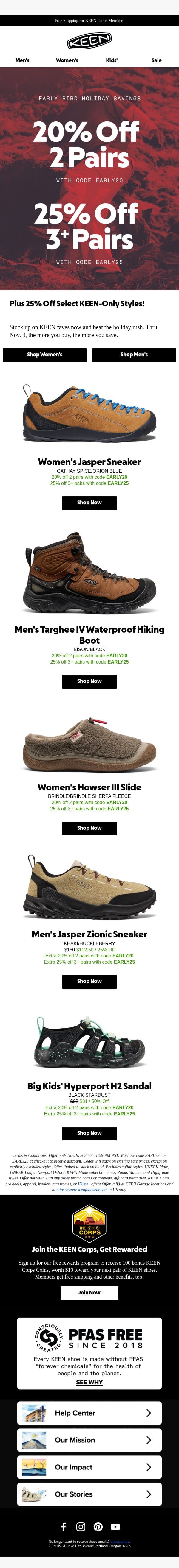 20% Off 2 Pairs. 25% Off 3+ Pairs. email from Keen Footwear screenshot