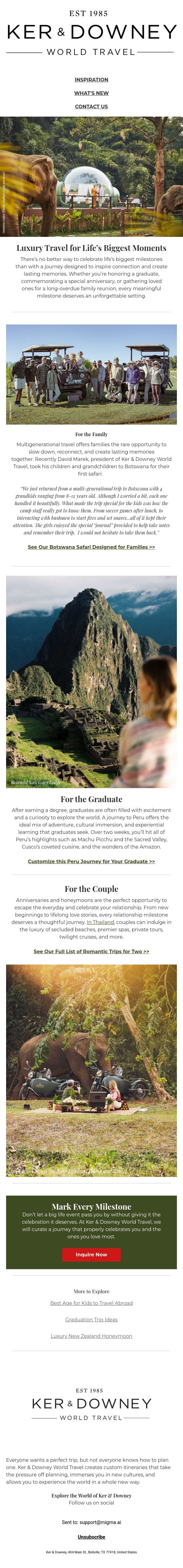 Luxury Travel for Life’s Biggest Moments email from Ker & Downey screenshot