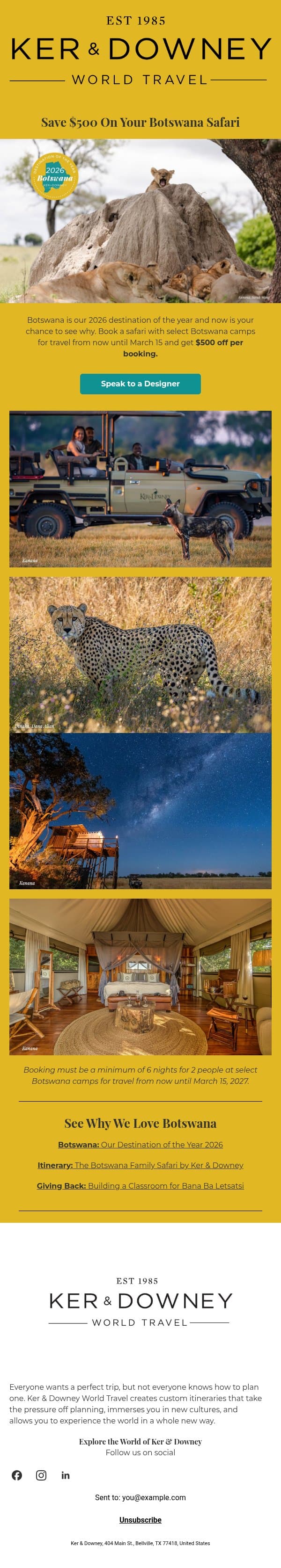 A Botswana Safari Special email from Ker & Downey screenshot