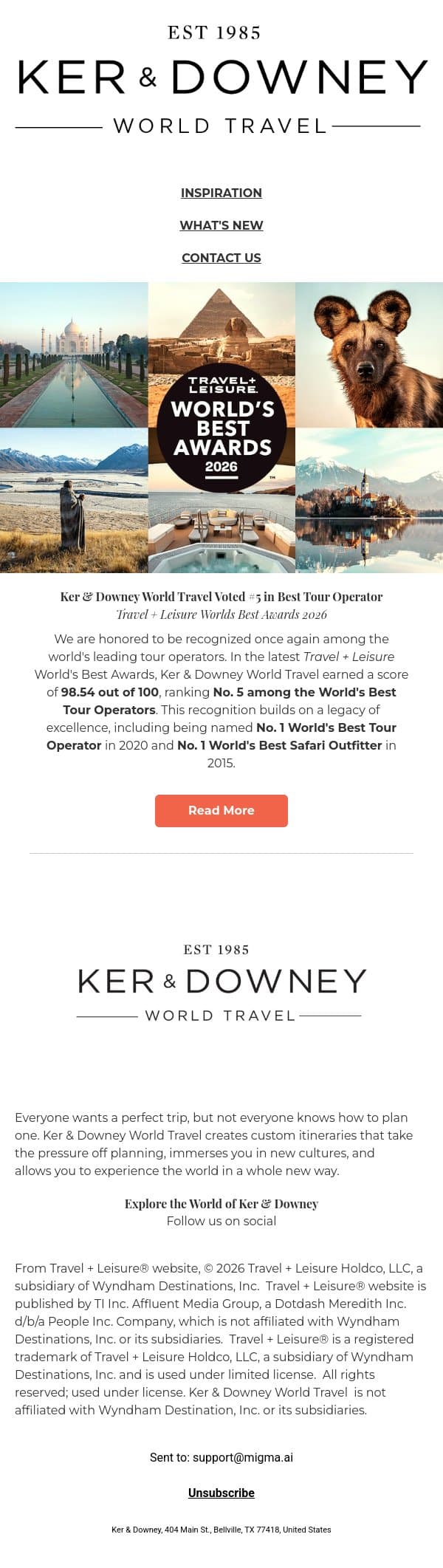 Travel + Leisure's World Best Tour Operator email from Ker & Downey screenshot