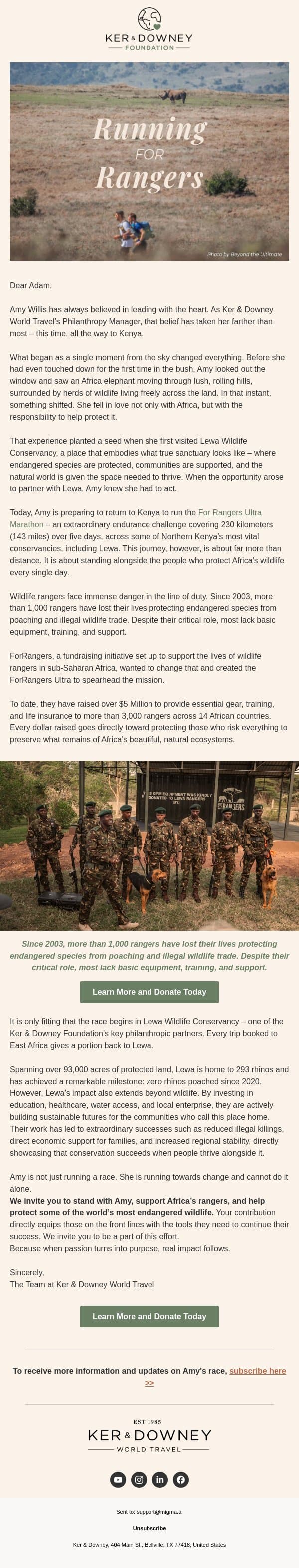 Running 143 miles for Rangers in Kenya email from Ker & Downey screenshot