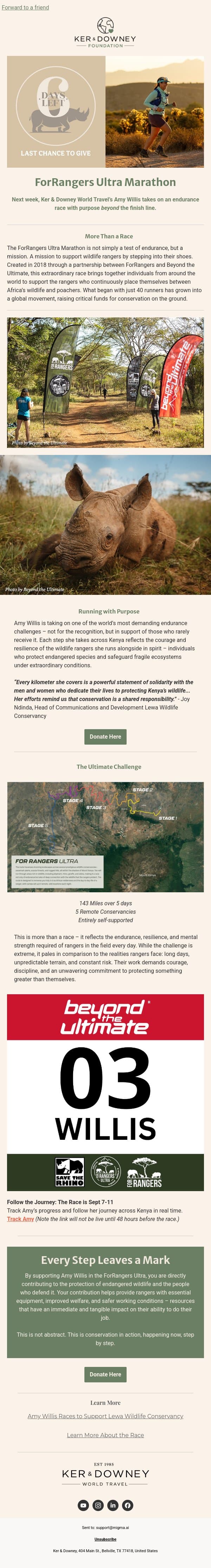 The Countdown to the ForRangers Ultramarathon Begins email from Ker & Downey screenshot